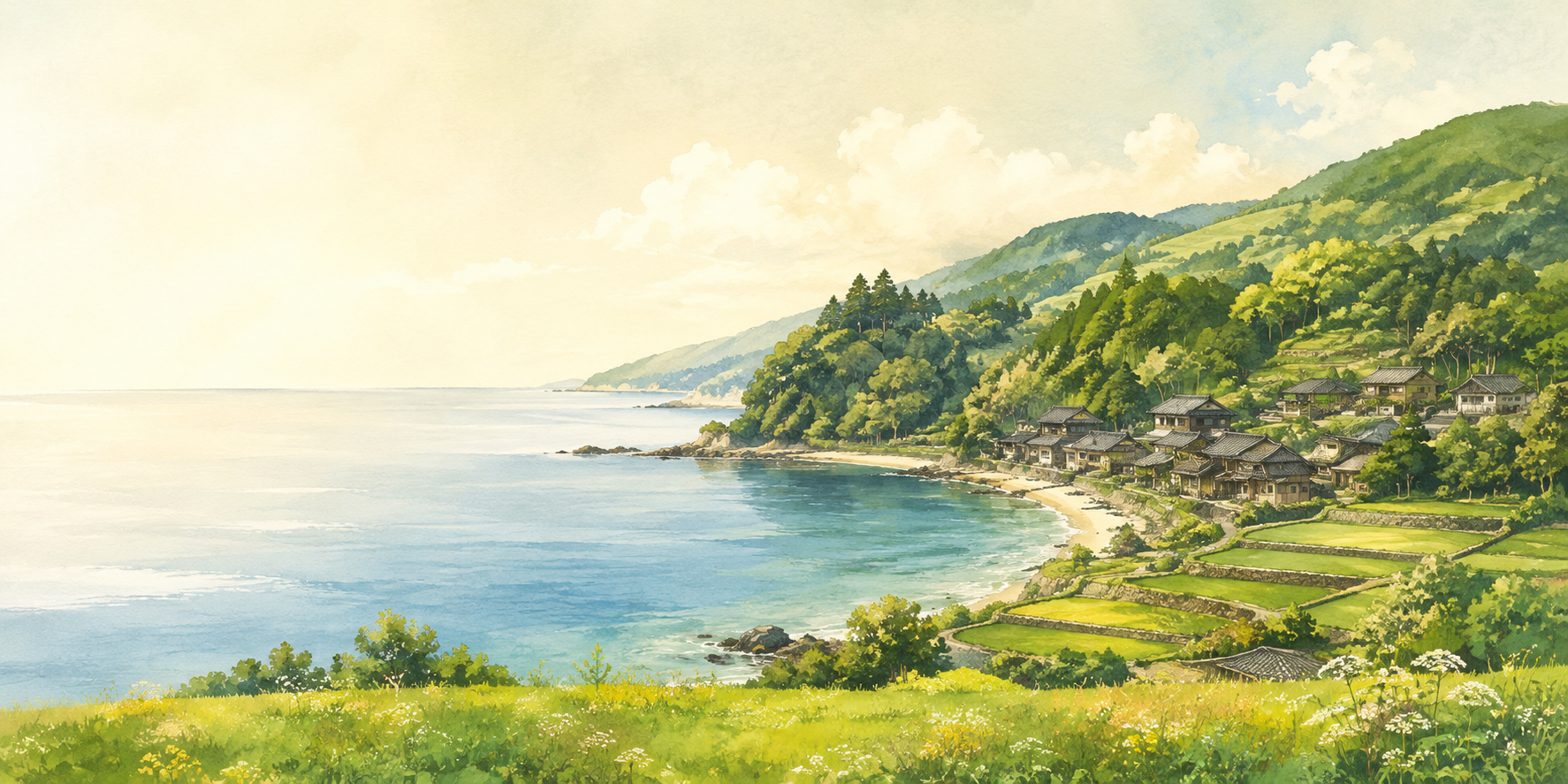 能登の里山里海をイメージした風景画。穏やかな海と緑の山、海辺の家々。