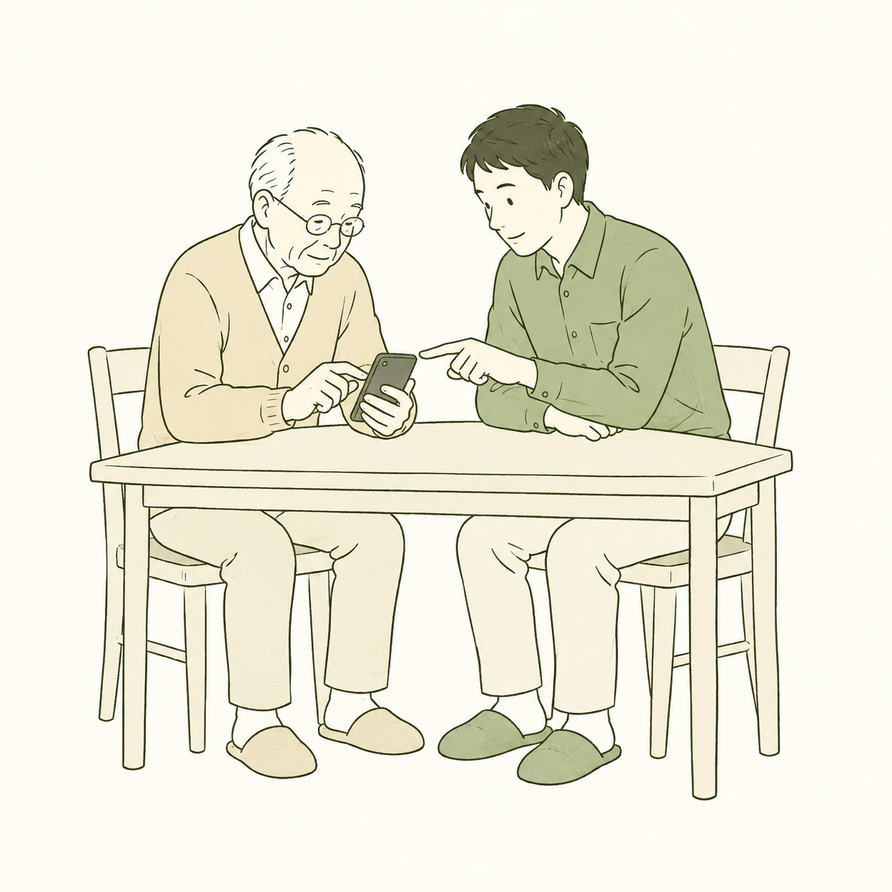 店主がスマホを操作し、隣の青年が使い方を伝えるイラスト