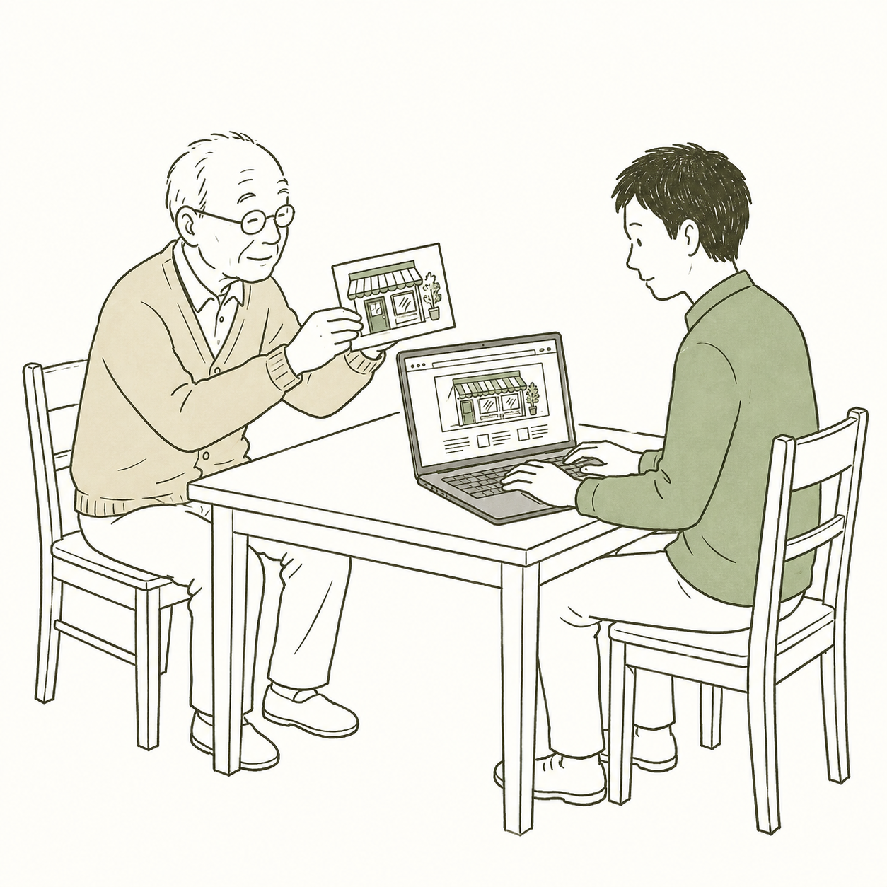 お店の写真を見ながら、店主と青年が紹介するページを一緒に作るイラスト